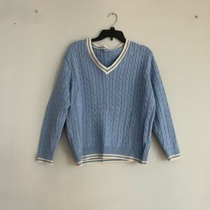 Blue Cable Knit V-Neck Sweater